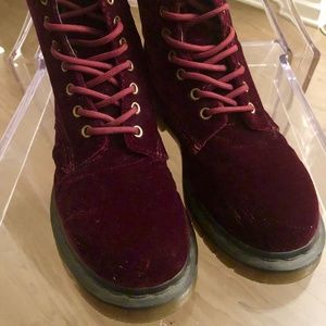 dr martens red velvet lace up boots